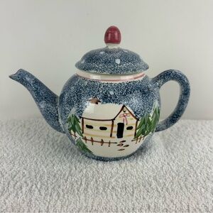 VTG The Cooks Bazaar Ceramic Country Teapot Decor Lidded Sponge Painted Blue